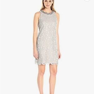 Eliza J Light Grey Lace Rhinestone Neckline Sheath Dress